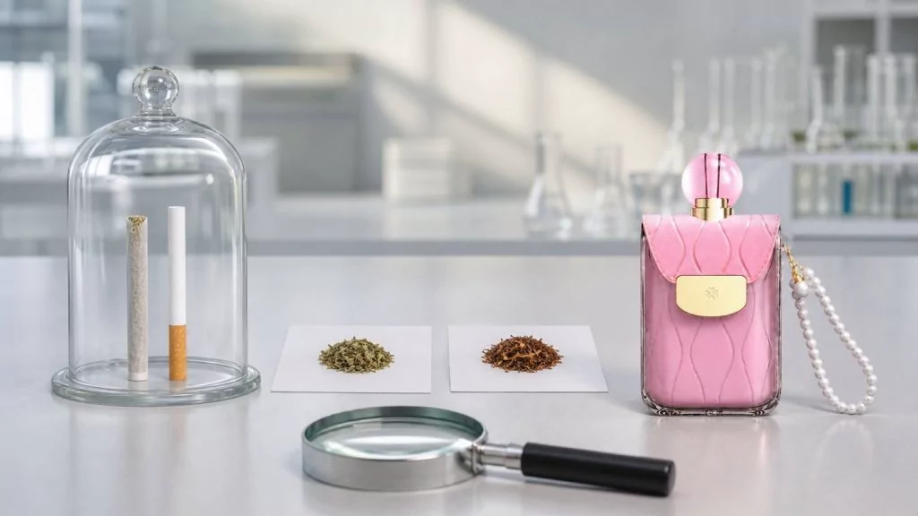 Tabakzigarette, Kräuterzigarette und ExDivo FLORA in einer sachlichen Laborvergleichsszene